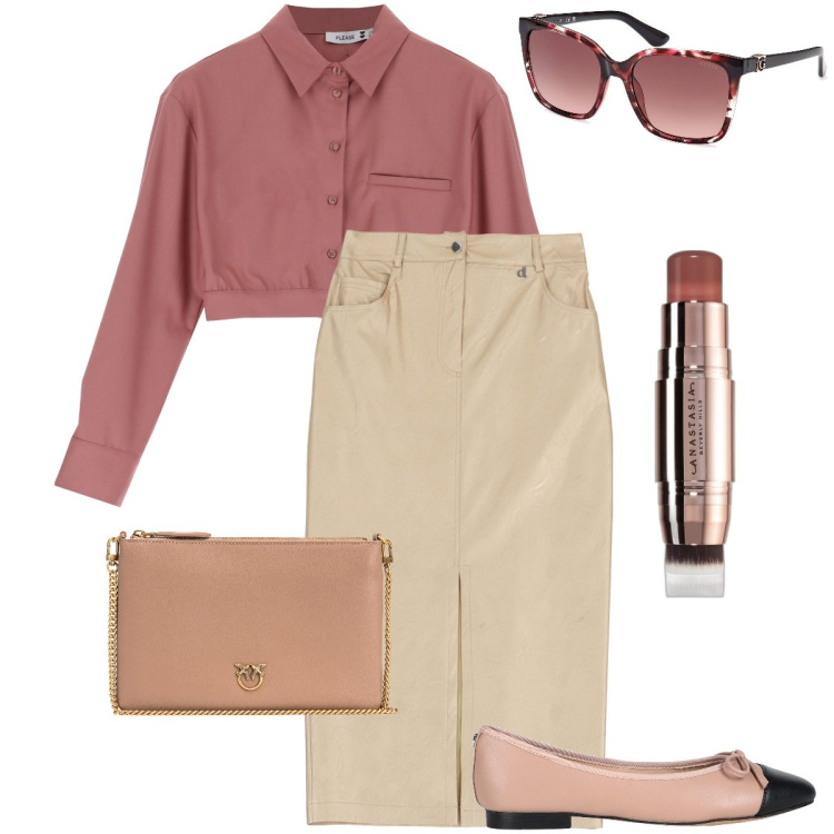 Outfit donna - Il blush per la primavera. Stile Bon Ton per Ufficio. Abbinamento con ballerine, blush, borse a tracolla, camicie, gonne longuette, occhiali da sole.