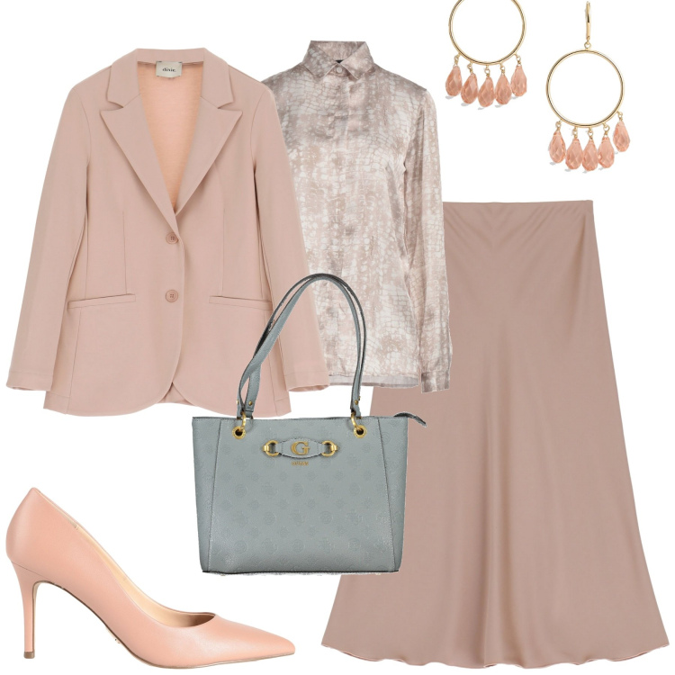 Outfit donna - City. Stile Romantica per Tutti i giorni. Abbinamento con camicie, décolleté, gonne longuette, blazer, orecchini, borse a spalla.