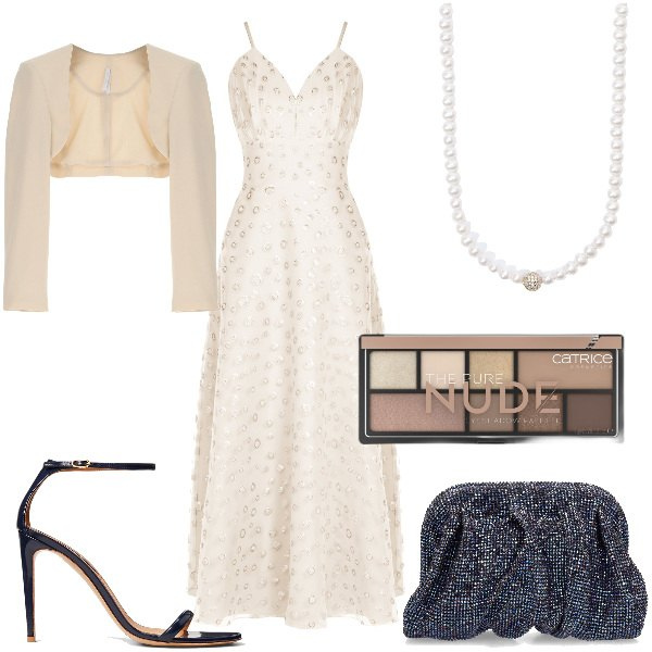 Outfit donna - Total look #1836708. Stile Chic per Cerimonia. Abbinamento con ombretti, collane, vestiti lunghi, blazer, sandali in pelle, pochette.