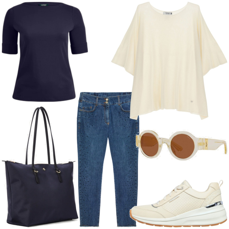 Outfit donna - Comoda. Stile Casual per Tutti i giorni. Abbinamento con maglieria, top, borse tote, occhiali da sole, sneakers, jeans skinny.