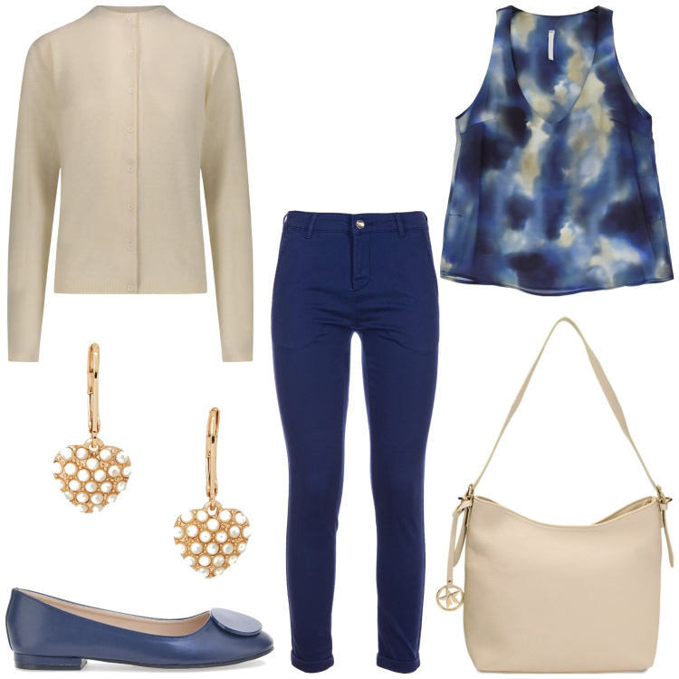 Outfit donna - Bon ton con i jeans. Stile Bon Ton per Tutti i giorni. Abbinamento con canottiere, pantaloni, borse a spalla, orecchini, cardigans, ballerine.