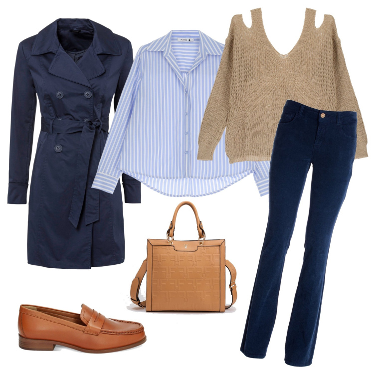 Outfit donna - Blu & Beige casual. Stile Casual per Ufficio. Abbinamento con trench, pantaloni, borse tote, pullovers, camicie, mocassini.