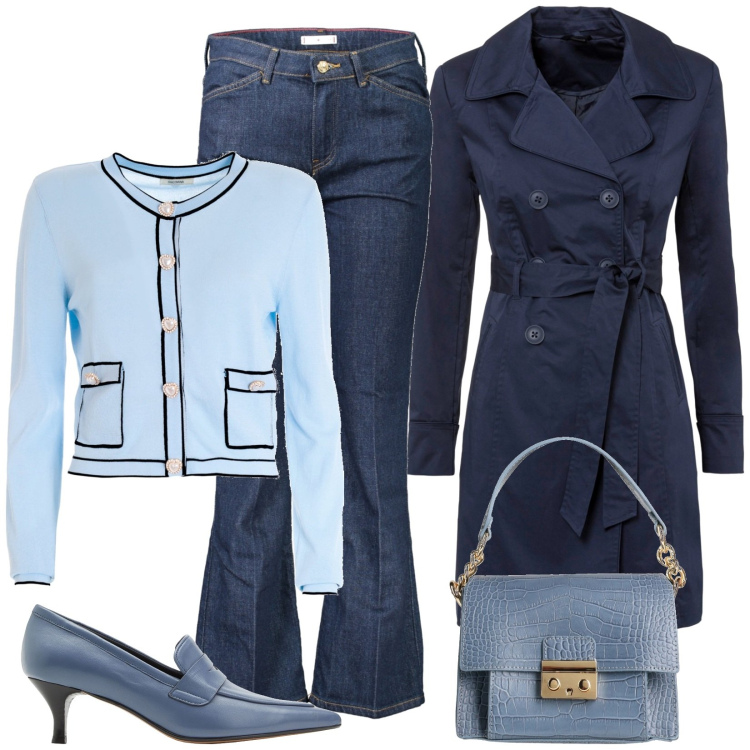 Outfit donna - Total look #1836725. Stile Bon Ton per Tutti i giorni. Abbinamento con trench, mocassini, borse a mano, cardigans, jeans.