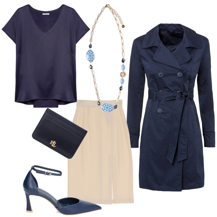 Outfit donna - Serata con amici. Stile Chic per Serata fuori. look ideale per Tall. Abbinamento con trench, gonne longuette, décolleté, portafogli, t-shirt, ciondoli.