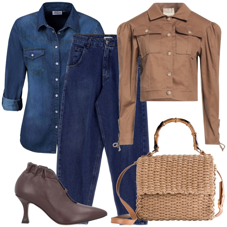 Outfit donna - Total look #1836755. Stile Casual chic per Tutti i giorni. Abbinamento con blazer, stivaletti, camicie, borse a mano, jeans.