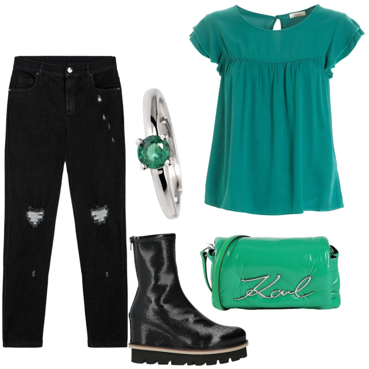 Outfit donna - Borsa Karl Lagerfeld. Stile Casual per Tutti i giorni. Abbinamento con stivaletti, borse a tracolla, anelli, top, jeans skinny.
