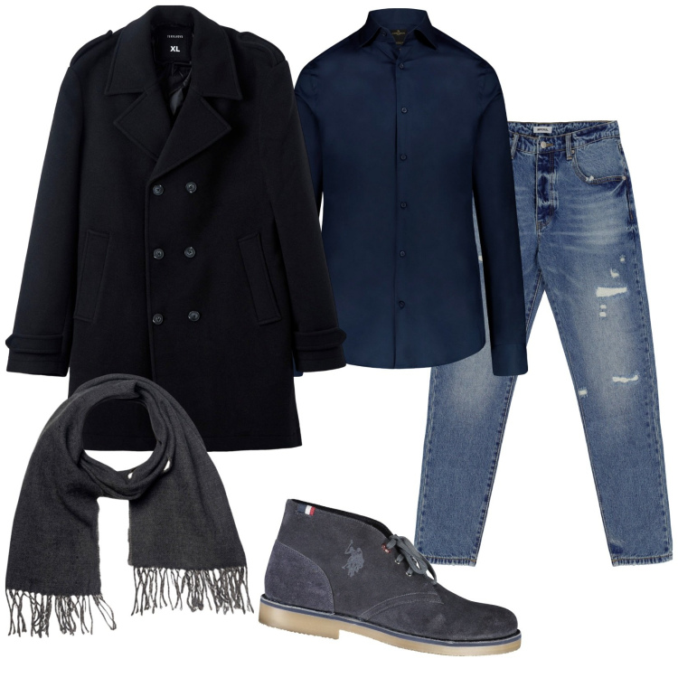 Outfit uomo - Night out. Stile Trendy per Serata speciale. Abbinamento con cappotti, jeans dritti, camicie, sciarpe, stivali.