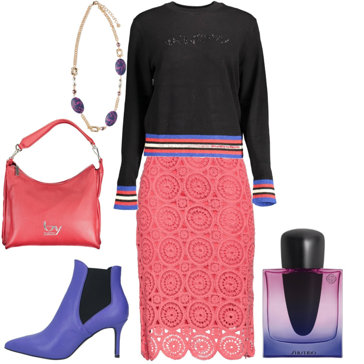 Outfit donna - Total look #1836776. Stile Urban per Serata fuori. Abbinamento con gonne longuette, stivaletti chelsea, profumi, maglieria, ciondoli, borse a spalla.