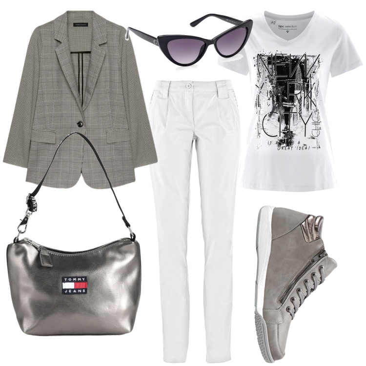 Outfit donna - Giornata di corsa. Stile Mannish per Tutti i giorni. Abbinamento con sneakers alte, pantaloni chino, t-shirt, borse a mano, blazer, occhiali da sole.