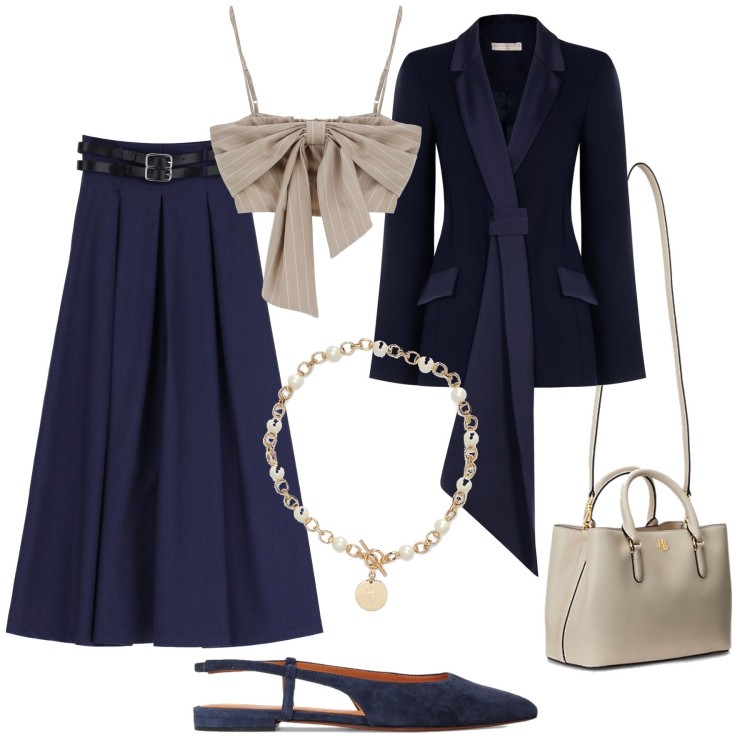 Outfit donna - Cerimonia di sera. Stile Chic per Cerimonia. Abbinamento con blazer, gonne longuette, top, collane, borse a mano, ballerine.