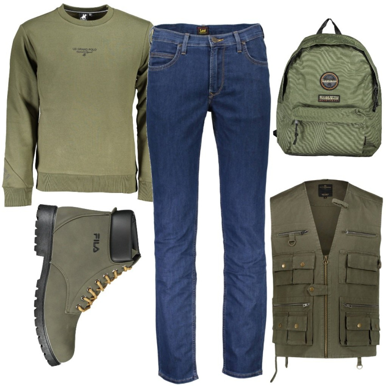 Outfit uomo - Davide: il pescatore. Stile Urban per Tutti i giorni. Abbinamento con gilet, jeans, stivali, felpe, borse sportive.