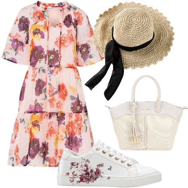 Outfit donna - Un vestito in versione bohémien. Stile Boho per Tutti i giorni. Abbinamento con sneakers, cappelli, vestiti, borse a mano.