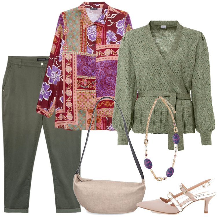 Outfit donna - In ufficio, boho style. Stile Boho per Ufficio. Abbinamento con maglieria, pantaloni, décolleté, camicie, ciondoli, borse a spalla.