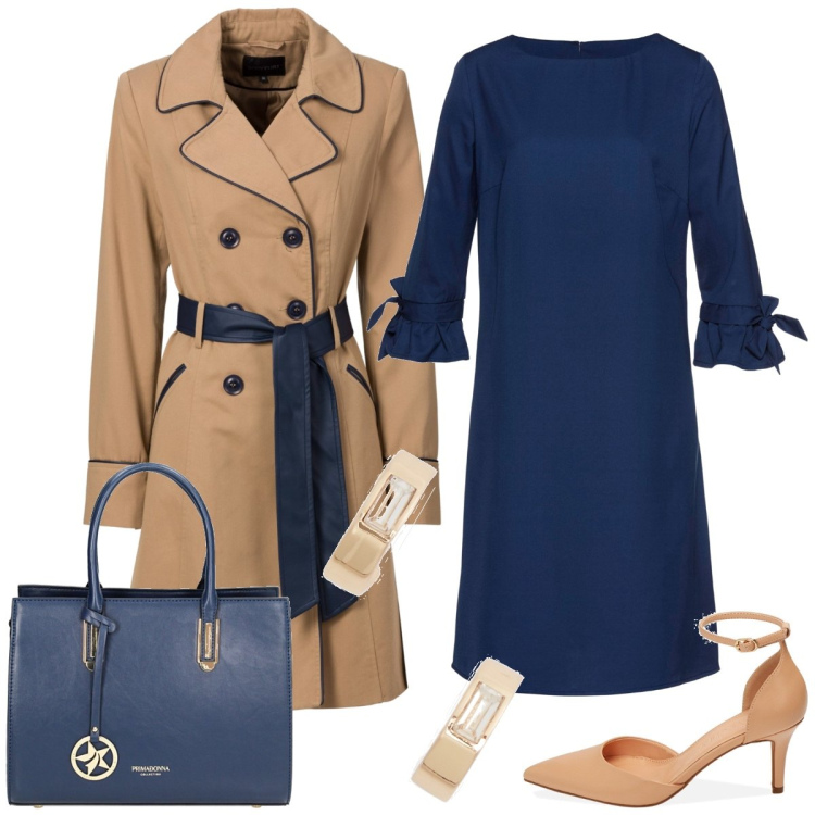 Outfit donna - Total look #1836841. Stile Chic per Serata fuori. Abbinamento con trench, vestiti, décolleté, borse a mano, orecchini.