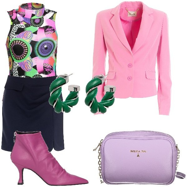 Outfit donna - Extravagante. Stile Glamour per Serata fuori. Abbinamento con stivaletti, orecchini, minigonne, blazer, body, borse a tracolla.