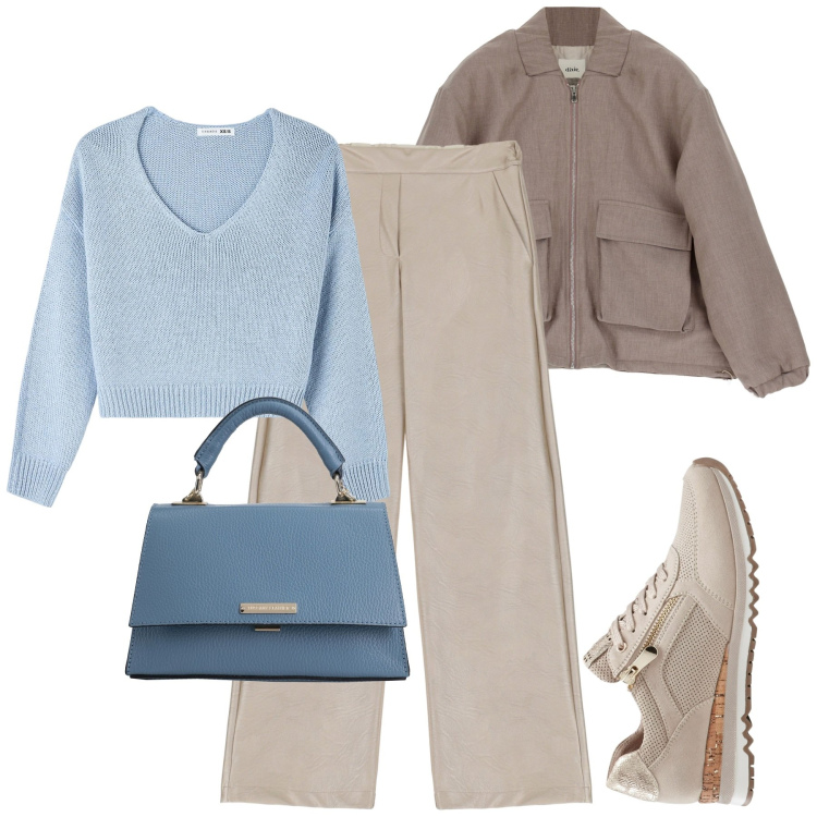 Outfit donna - City. Stile Urban per Tutti i giorni. Abbinamento con sneakers, borse a mano, maglieria, blazer, pantaloni a palazzo.