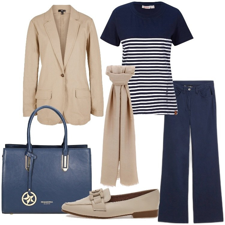 Outfit donna - Color Combo Blu Navy + Beige. Stile Preppy per Scuola/Università. Abbinamento con t-shirt, pantaloni, blazer, foulard, borse a mano, mocassini.