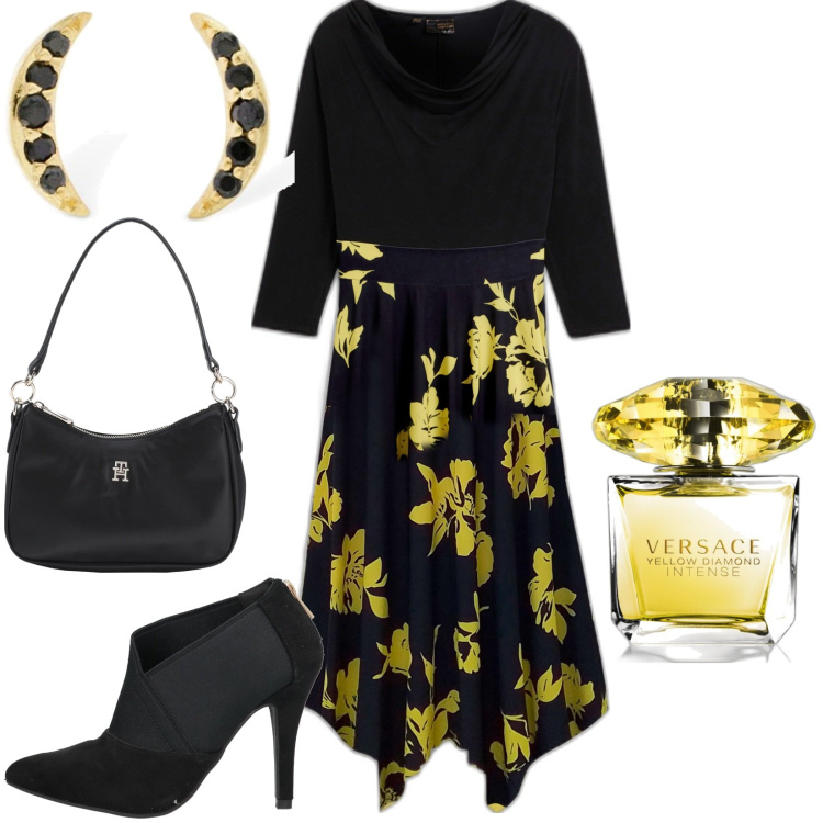 Outfit donna - Total look #1836868. Stile Casual per Serata fuori. Abbinamento con vestiti, stivaletti, borse a mano, profumi, orecchini.