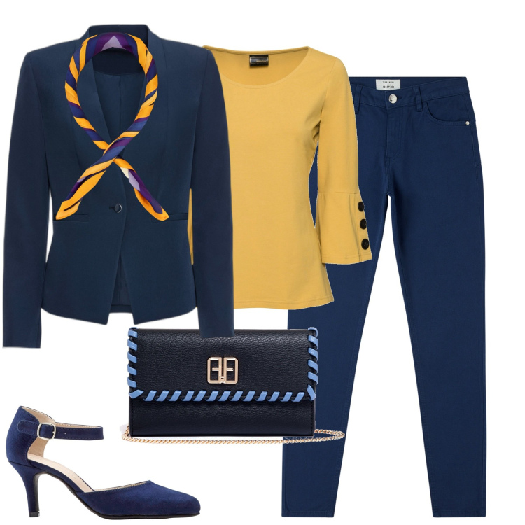 Outfit donna - City. Stile Casual chic per Tutti i giorni. Abbinamento con blazer, décolleté, maglieria, pantaloni, pochette, foulard.