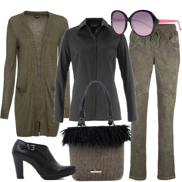 Outfit donna - Tronchetti neri. Stile Basic per Tutti i giorni. Abbinamento con camicie, pantalone verde, cardigans, borsa a mano taglia media, tronchetti, occhiali da sole nero.