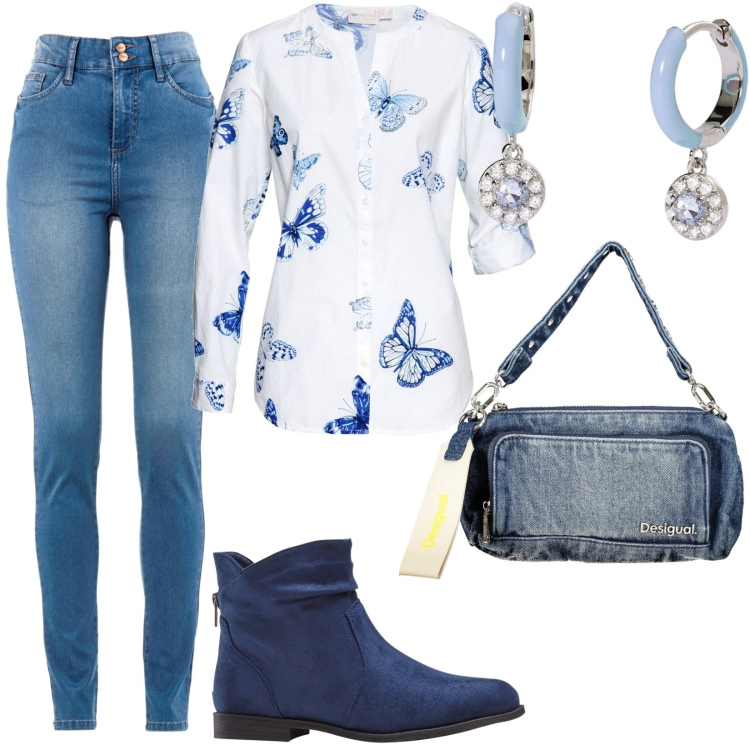 Outfit donna - Jeans super elasticizzati push-up. Stile Casual per Tutti i giorni. Abbinamento con jeans slim fit, stivaletti, camicie, orecchini, borse a spalla.