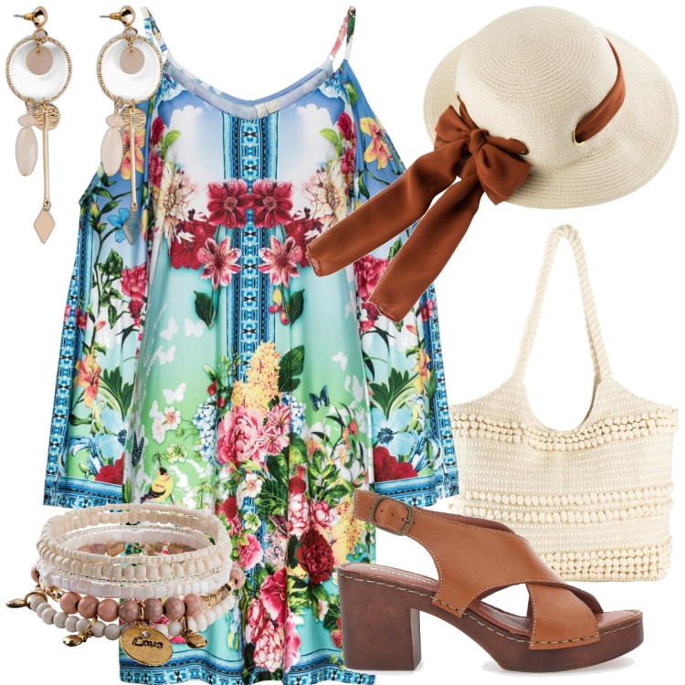 Outfit donna - Total look #1836887. Stile Boho per Mare. Abbinamento con orecchini, braccialetti, cappelli, vestiti, shopping bag, zoccoli.