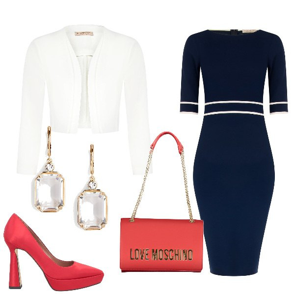 Outfit donna - L\'abito blu. Stile Bon Ton per Cerimonia. Abbinamento con décolleté, vestiti a tubino, blazer, orecchini, borse a tracolla.