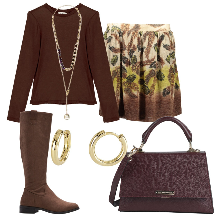 Outfit donna - Gonna fantasia ancora fa freddo. Stile Trendy per Tutti i giorni. Abbinamento con stivali, borse a mano, orecchini, maglieria, minigonne, collane.