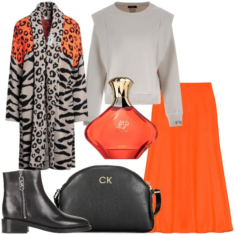 Outfit donna - Gonna + stivaletti. Stile Trendy per Tutti i giorni. Abbinamento con cardigans, stivaletti, profumi, gonne longuette, maglieria, borse a tracolla.