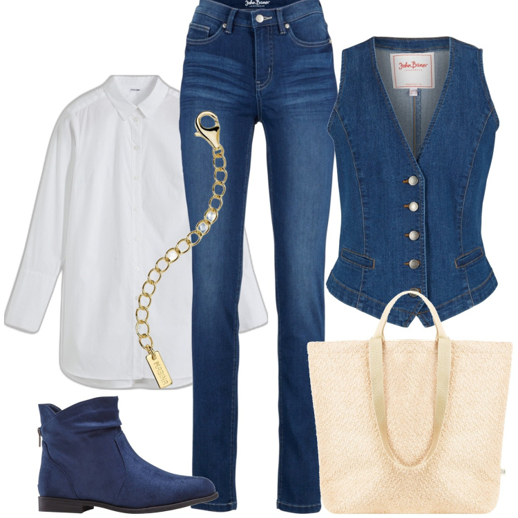 Outfit donna - Total look #1836914. Stile Casual chic per Tutti i giorni. Abbinamento con gilet, jeans, stivaletti, camicie, collane, borse tote.