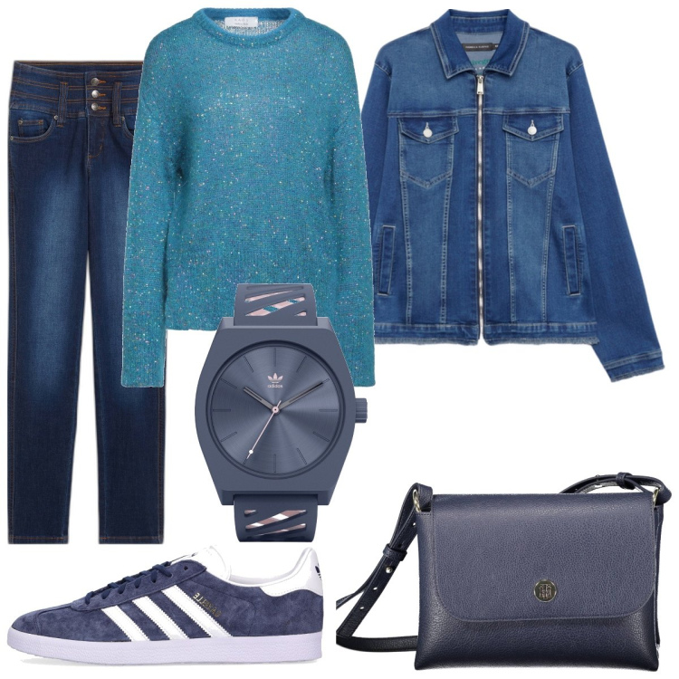 Outfit donna - Toni di blu. Stile Casual per Tutti i giorni. Abbinamento con pullovers, orologi, jeans, blazer, sneakers, borse a spalla.