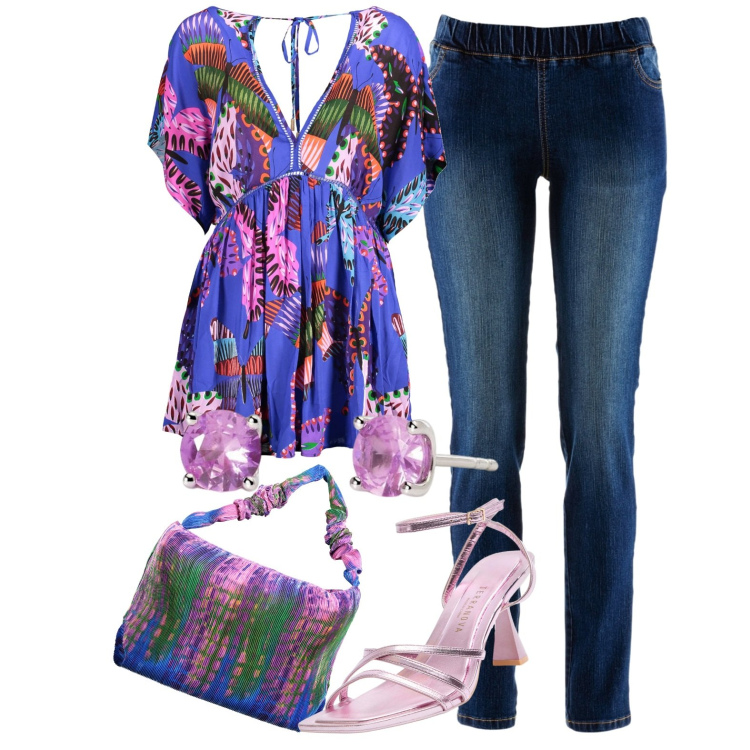 Outfit donna - Colori Desigual. Stile Glamour per Tutti i giorni. Abbinamento con treggings, sandali col tacco, orecchini, vestiti corti, borse a spalla.