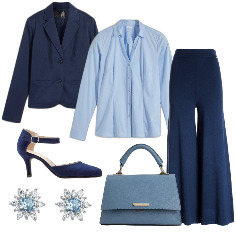 Outfit donna - In ufficio in blu. Stile Basic per Ufficio. Abbinamento con camicie, décolleté, blazer, borse a mano, orecchini, pantaloni.