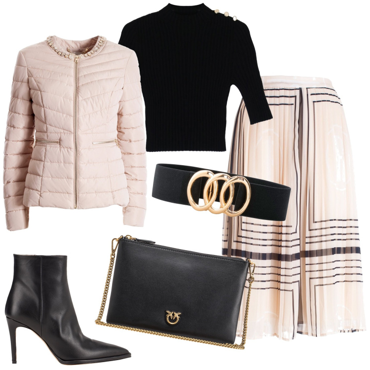 Outfit donna - Romantica in nero e rosa. Stile Romantica per Serata fuori. Abbinamento con cinture, stivaletti, borse a tracolla, gonne longuette, piumini, maglieria.