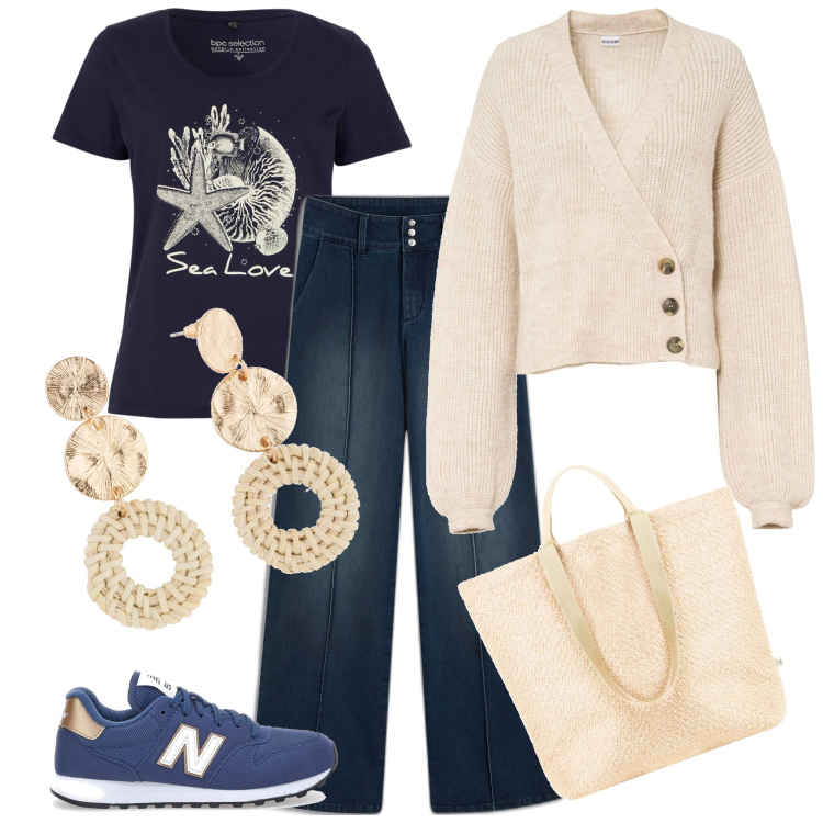 Outfit donna - Blu e beige. Stile Casual per Tutti i giorni. Abbinamento con t-shirt, jeans, maglieria, orecchini, borse tote, sneakers.