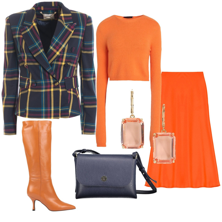 Outfit donna - Total arancio. Stile Casual chic per Tutti i giorni. Abbinamento con pullovers, stivali, gonne longuette, blazer, orecchini, borse a spalla.