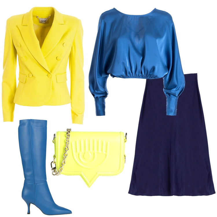 Outfit donna - Yellow&blue. Stile Trendy per Tutti i giorni. Abbinamento con stivali, borse a tracolla, blazer, bluse, gonne longuette.