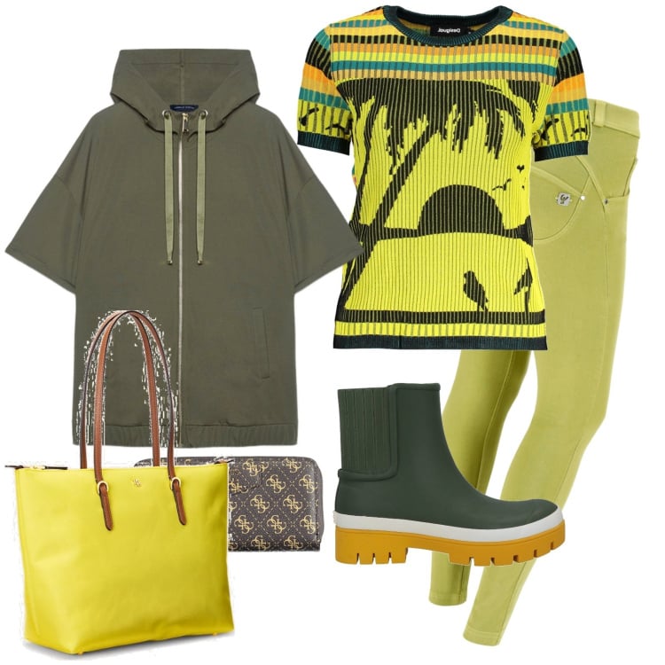 Outfit donna - Verde e verde.... Stile Casual per Tutti i giorni. Abbinamento con stivaletti, felpe con cappuccio, borse tote, pantaloni skinny, portafogli, maglieria.