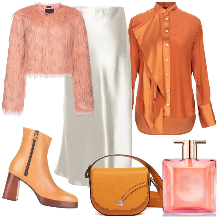 Outfit donna - Colore arancio come i tramonti. Stile Bon Ton per Serata fuori. Abbinamento con camicie, stivaletti, profumi, blazer, gonne longuette, borse a tracolla.