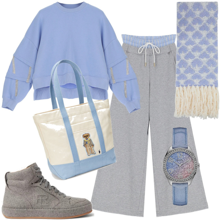 Outfit donna - Sportiva. Stile Casual per Tutti i giorni. Abbinamento con sciarpe, orologi, felpe, pantaloni a palazzo, borse tote, sneakers.