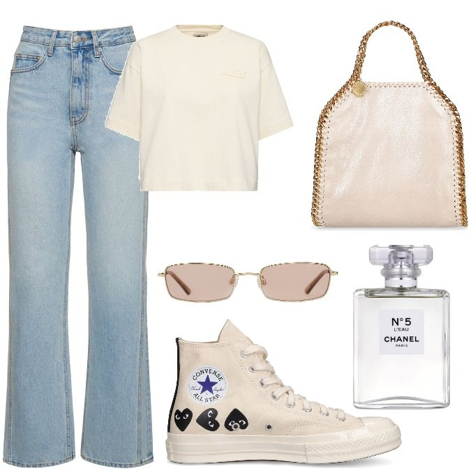 Outfit donna - Total look #1836974. Stile Trendy per Tutti i giorni. Abbinamento con profumi, sneakers, t-shirt, occhiali da sole, jeans dritti, borse a mano.