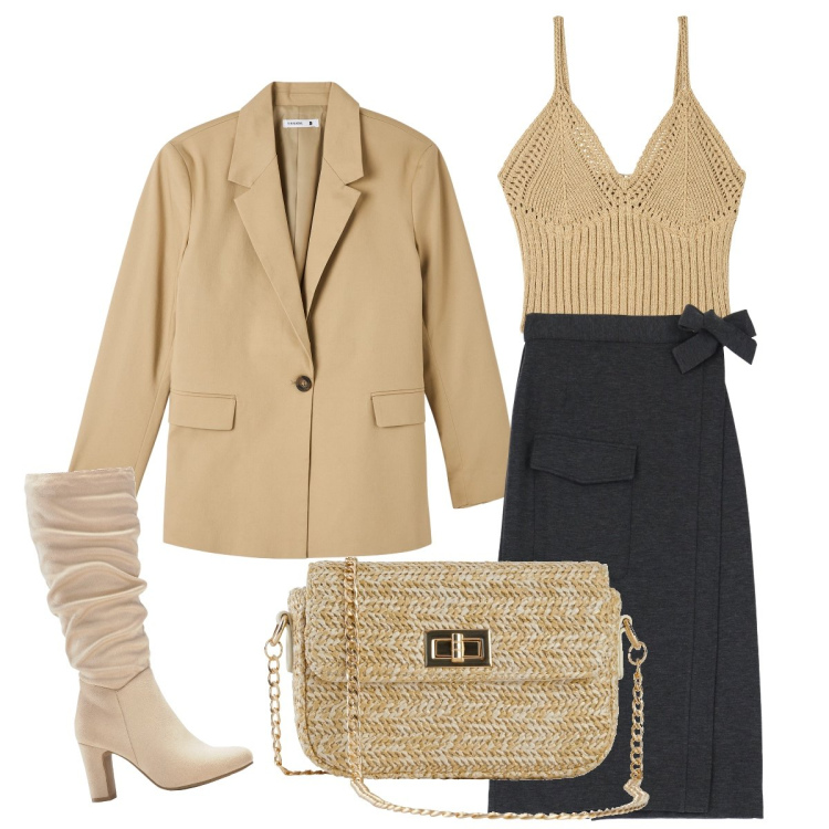 Outfit donna - Apericena con le colleghe. Stile Casual chic per Serata fuori. Abbinamento con borse a mano, stivali sopra il ginocchio, blazer, top, gonne longuette.