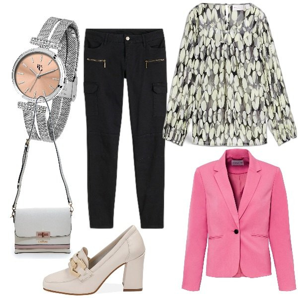 Outfit donna - Total look #1836985. Stile Casual chic per Ufficio. Abbinamento con bluse, pantaloni cargo, blazer, orologi, mocassini, borse a tracolla.