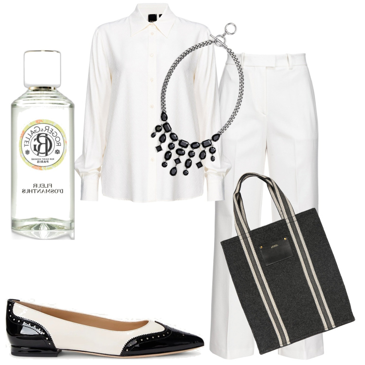 Outfit donna - Eleganza del bianco. Stile Casual chic per Serata fuori. Abbinamento con profumi, pantaloni, camicie, ballerine, collane, shopping bag.