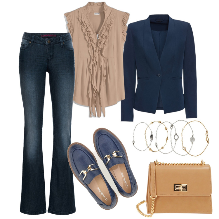 Outfit donna - Il blazer sui jeans. Stile Casual chic per Tutti i giorni. Abbinamento con blazer, braccialetti con ciondoli, jeans bootcut, maglieria, borse a tracolla, mocassini.