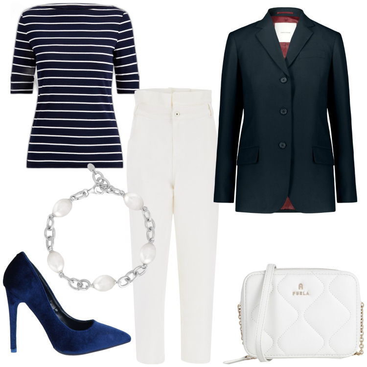 Outfit donna - La tracollina Furla. Stile Casual chic per Tutti i giorni. Abbinamento con décolleté, borse a tracolla, blazer, braccialetti, jeans, maglieria.