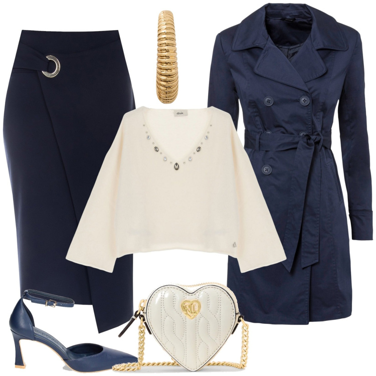 Outfit donna - La classicità del blu e beige. Stile Chic per Serata fuori. Abbinamento con trench, gonne longuette, décolleté, pullovers, pochette, orecchini.