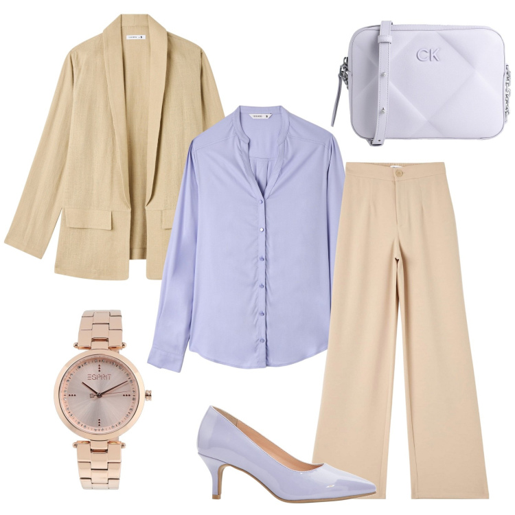 Outfit donna - Lavanda per l\'ufficio. Stile Basic per Ufficio. Abbinamento con décolleté, borse a tracolla, orologi, pantaloni, camicie, blazer.