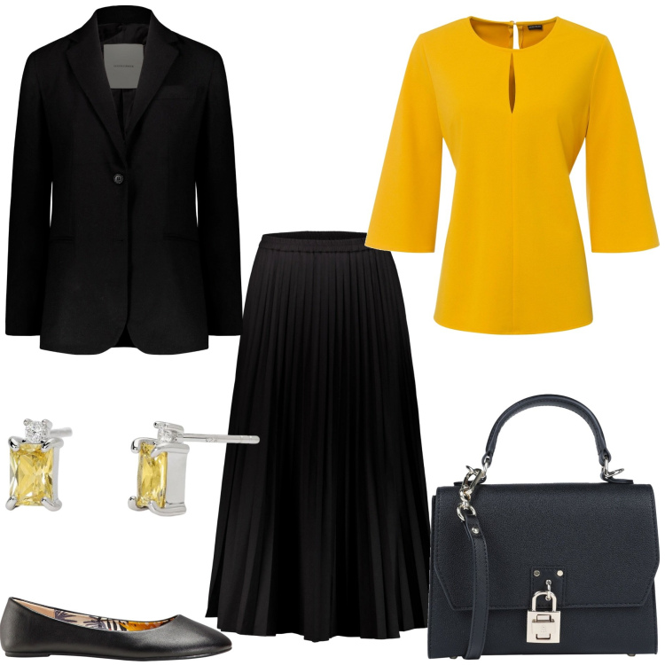 Outfit donna - Doppelganger classico. Stile Bon Ton per Tutti i giorni. Abbinamento con ballerine, bluse, borse a mano, orecchini, gonne lunghe, blazer.