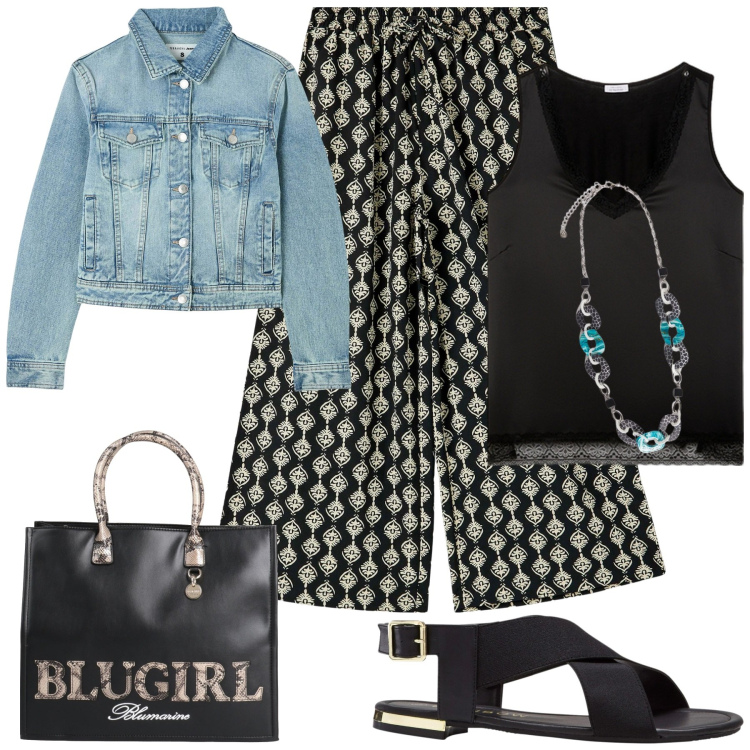 Outfit donna - Al bar con le amiche. Stile Casual chic per Tutti i giorni. Abbinamento con sandali, borse a mano, pantaloni a palazzo, blazer, top, collane.